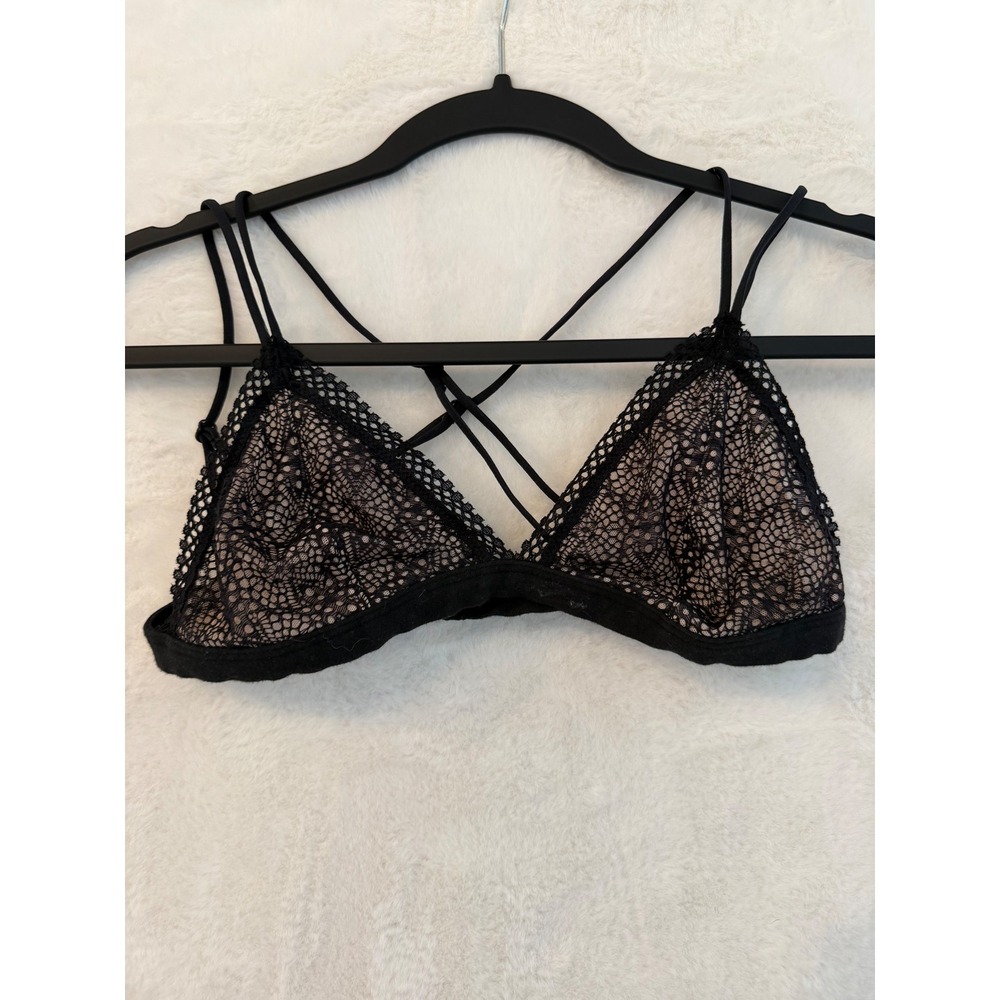 Victoria's Secret Black Lace Strappy Bralette Medium Triangle Cross Back Mesh